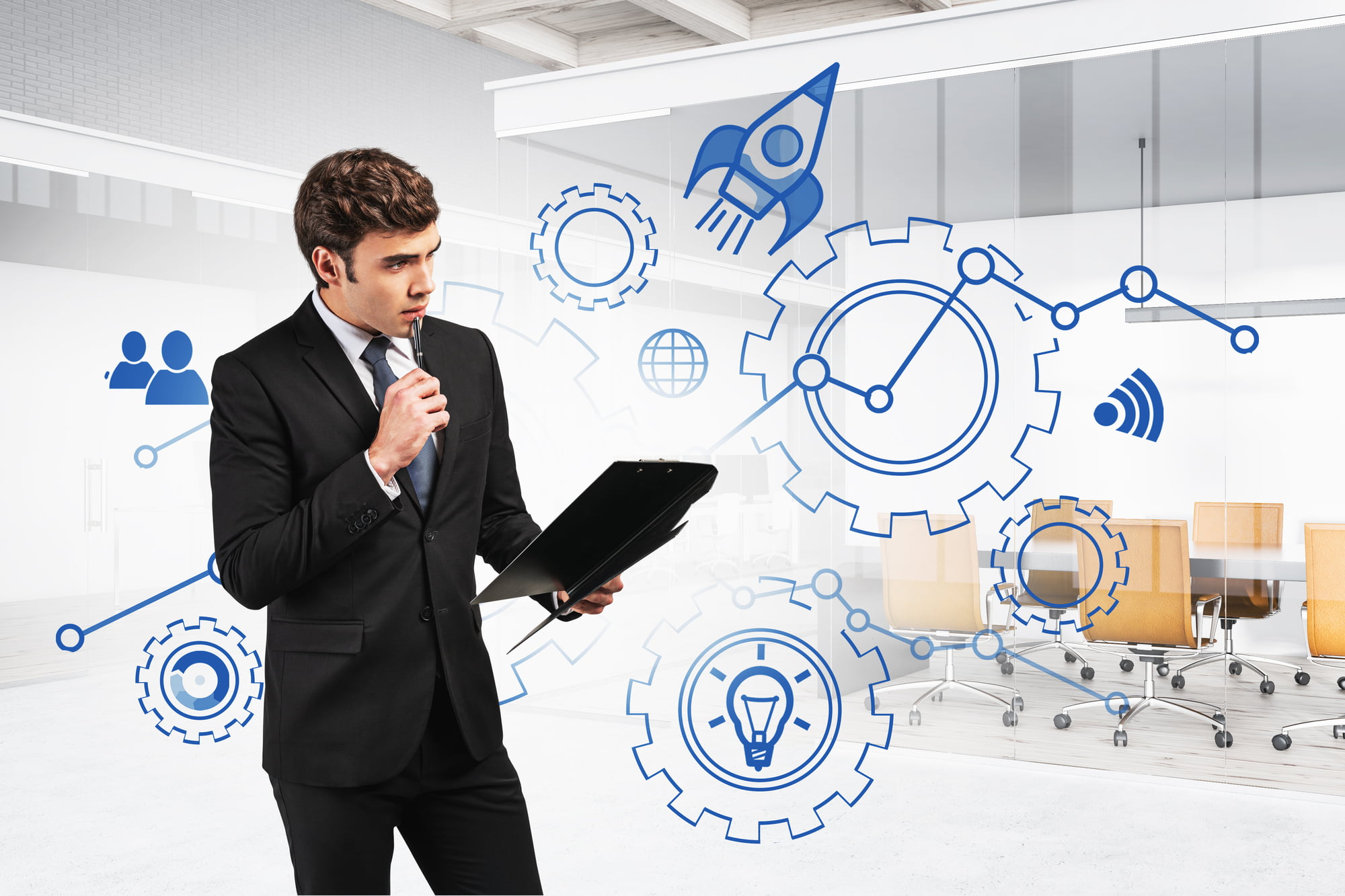 Pensive man with clipboard in office, startup Thoughtful European businessman with clipboard standing in blurry office with double exposure of creative startup sketch. Toned image